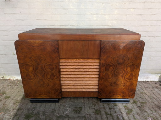 Exquisite 1940s Art Deco Burr Walnut Cabinet – Versatile Drinks/Media Unit
