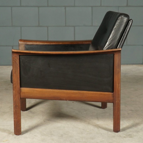 Image 1 of Vintage zwart lederen fauteuil – jaren 60