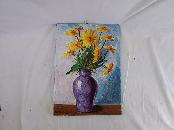 Image 1 of Signed Italian Faience Wall Tile by Aconte, Hand Painted Floral Still Life, Made in Italy Vintage Ceramic Art