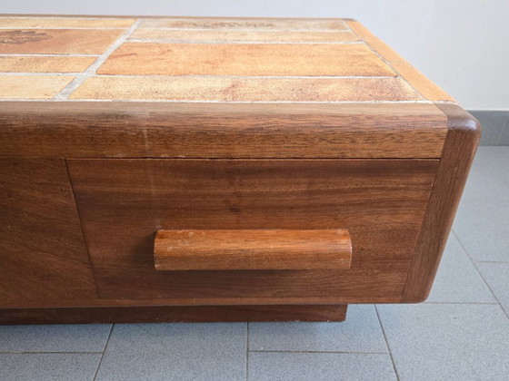 Image 1 of Vintage 1970s Ceramic Coffee Table with Solid Oak Top and 3 Drawers, DLG Capron