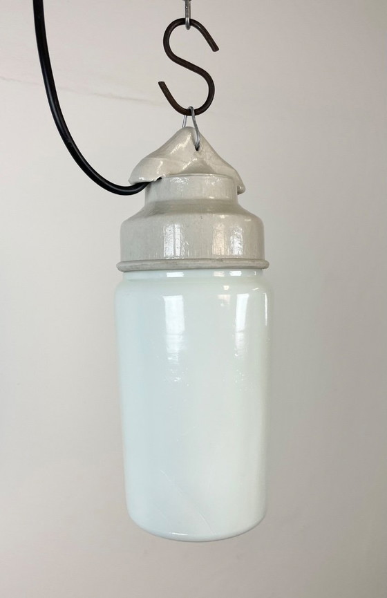Image 1 of Industrial White Porcelain Pendant Light with Milk Glass, 1970s