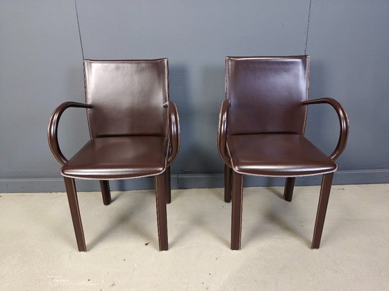 Image 1 of Pair of brown leather armchairs by Arper italy, 1980s