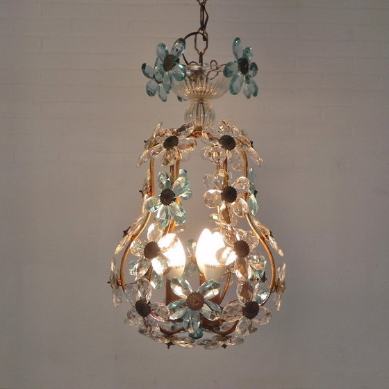 Image 1 of Hanglamp versierd met 42 bloemen in blauw en helder kristal, Maison Bagues stijl, jaren 30
