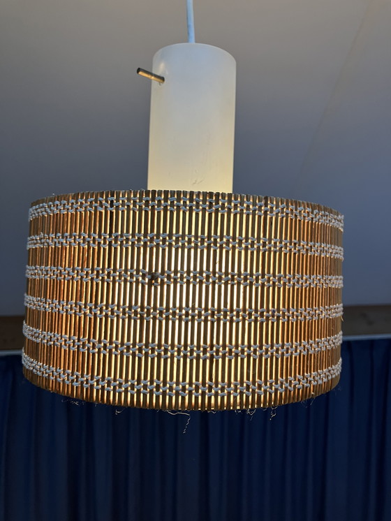 Image 1 of Vintage Scandinavische hanglamp met teak hout en houten kap