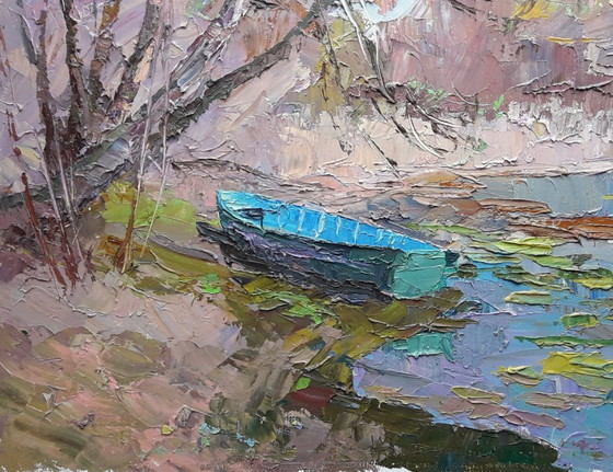 Original Oil Painting Nature Landscape Forest River Blue Boat – Paintings & Drawings, Canvas (photo 6 of 8)