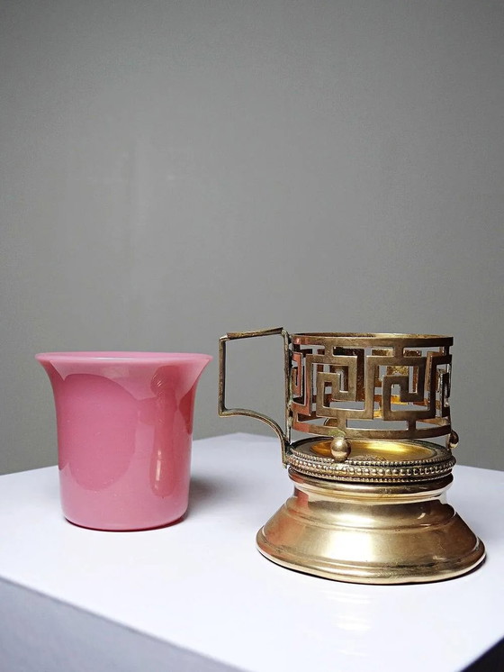 Antique pink opaline and gilded brass cup holder/candle holder, 19th century, Crystal, Glass (photo 5 of 14)