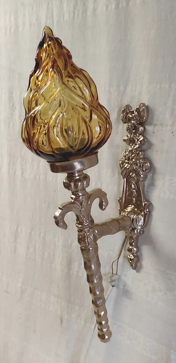 Image 1 of Torch-style wall sconces in gilded cast aluminum and glass - mid-20th century