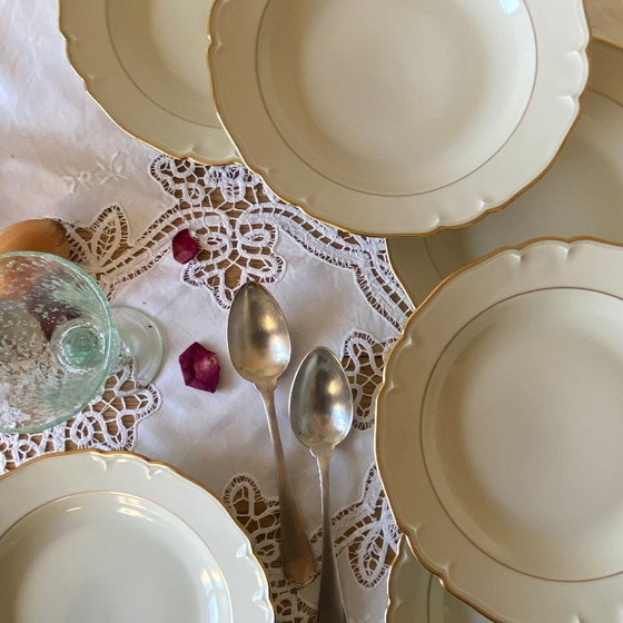 Image 1 of Set of 6 antique off-white porcelain soup plates with gold rim, Limoges ULIM