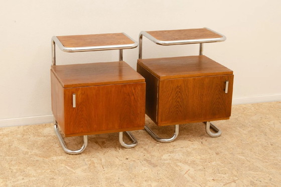 Image 1 of Twee verchroomde nachtkastjes, Vichr & Spol, jaren 1950, Tsjechoslowakije