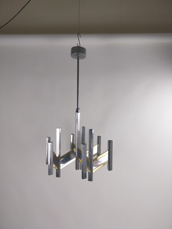 Image 1 of 1 x Geatano Sciolari "Concorde" 9-light pendant lamp in chrome and brass 1970s