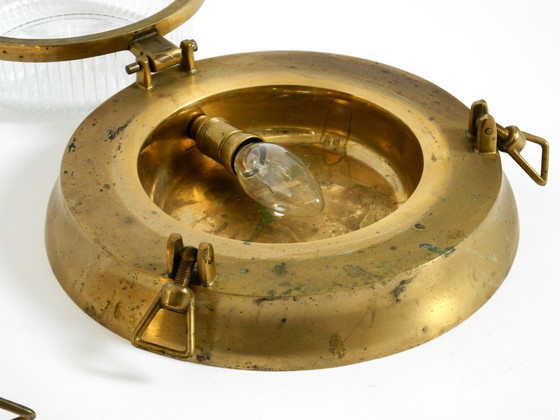 Image 1 of A pair of large, heavy 1950s original maritime ship wall lamps made of brass and glass
