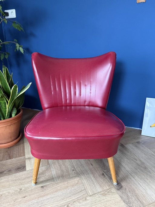 2 X Vintage Cocktailstoelen / Club Stoel, Mid-Century, Rood En Zwart – fauteuils, Wood, Skai (photo 2 of 6)