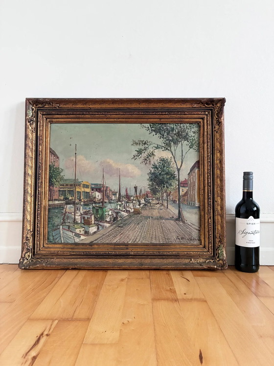 Image 1 of Pintura al óleo original de época que representa un puerto escandinavo.