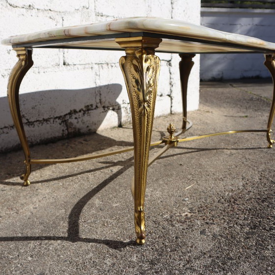 Image 1 of French Vintage Onyx Marble and Brass Coffee Table-Big Cocktail Table-Rare Lounge Table- Regency Style-70s