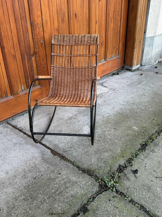 Mid-Century Modern Wicker and Steel Rocking Chair, 1960s – polished steel, Mid Century Modern (photo 3 of 5)