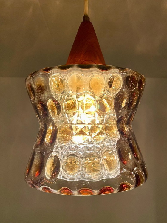 Image 1 of Orrefors by Carl Fagerlund, 1960s, Cozy Mid-Century Scandinavian Pendant in Amber Glass & Teak 