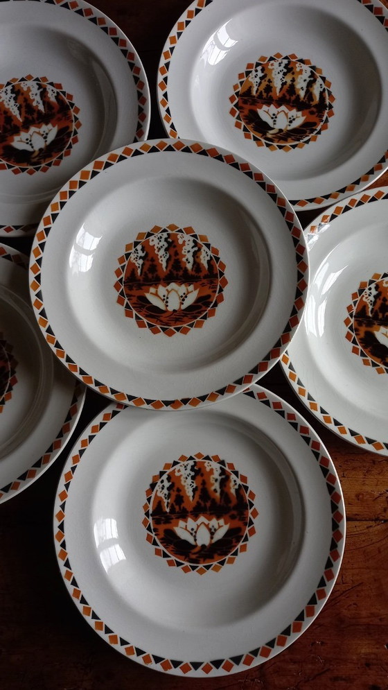 Image 1 of Art Deco aardewerken soepborden van Hamage & MDL "Waterlelie"