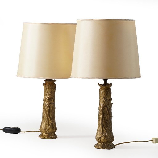 Jugendstil Set von 2 Bronze Tischlampen, Paul Louchet Frankreich ca. 1900er