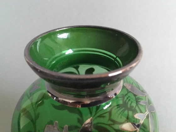 Image 1 of Antique green glass vase with silver print
