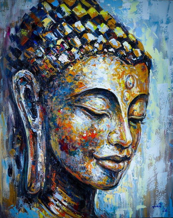 Image 1 of Unique hand-painted Buddha painting "Golden Serenity" – Seksak Jaichumchen – 80 × 100 cm