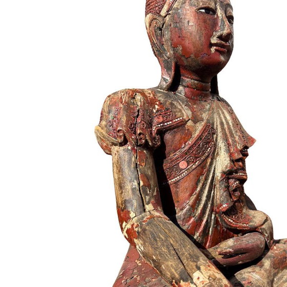 Antique Wooden Buddha Statue from Burma - Large Mandalay Buddha with Mirror Inlay – Sculpture (photo 5 of 18)