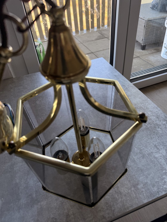 Image 1 of Holtkötter Hängeleuchte Messing, 3-flammig, Vintage, Glas, Made in Germany