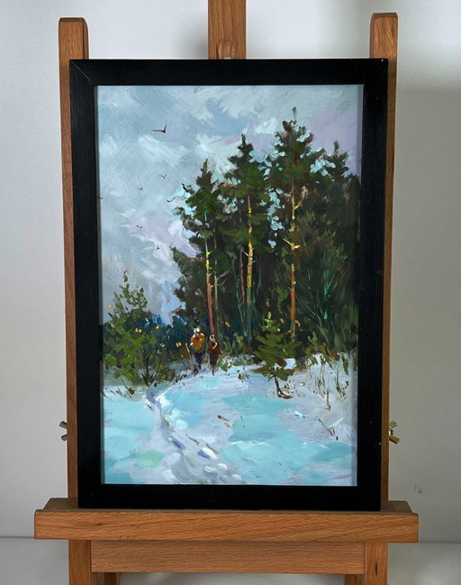 Peinture à l'huile originale, paysage naturel, pins enneigés, promenade dans la forêt hivernale