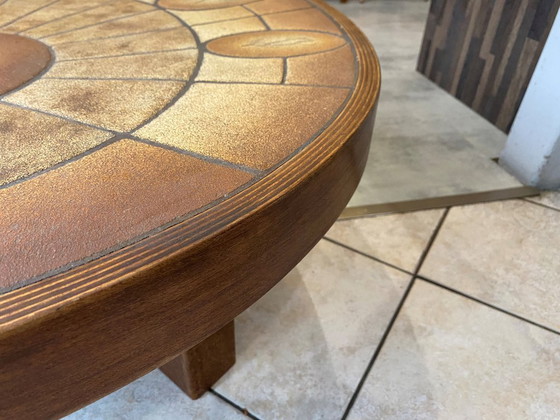 Image 1 of Table basse ronde ovale céramique Barrois Vallauris de 1960 modèle herbier vintage