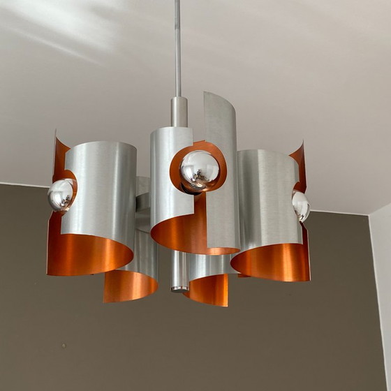 Polam Bielsko Chandelier. 1970. Space Age. Brushed Stainless Steel. – Metal (photo 7 of 7)