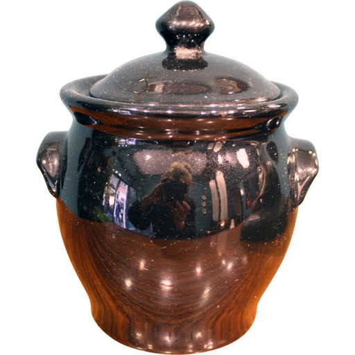 Vase vintage laqué noir avec décorations dorées, France 1970