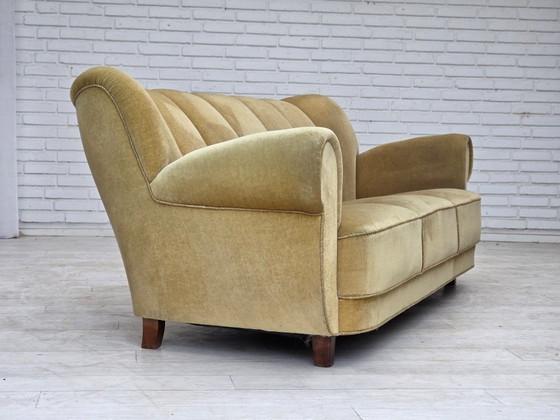 1960s, Danish 3-seater sofa, light green furniture velour., 3-5 seaters, Velvet, Wood, Vintage (photo 13 of 15)