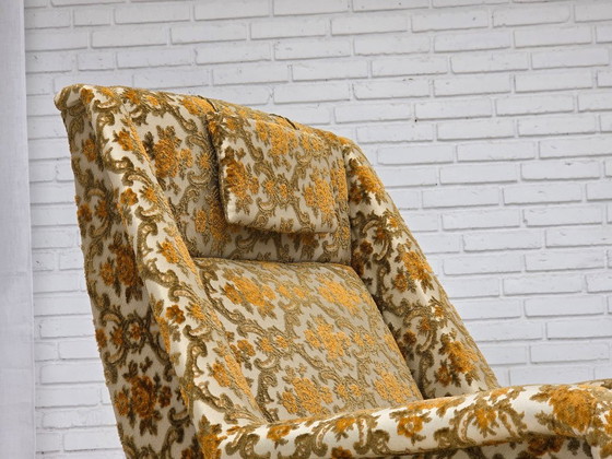 Fauteuil danois à dossier haut des années 1970, tissu d'ameublement marron/beige, bois de teck. – Textile (photo 3 of 13)