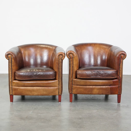 2 x Cognac-colored Sheepskin Leather Club Chair