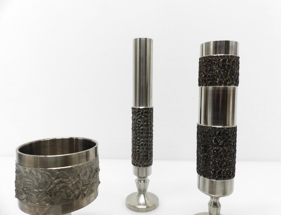 Image 1 of Set of 5 Brutalist steel vases and bowls 1970