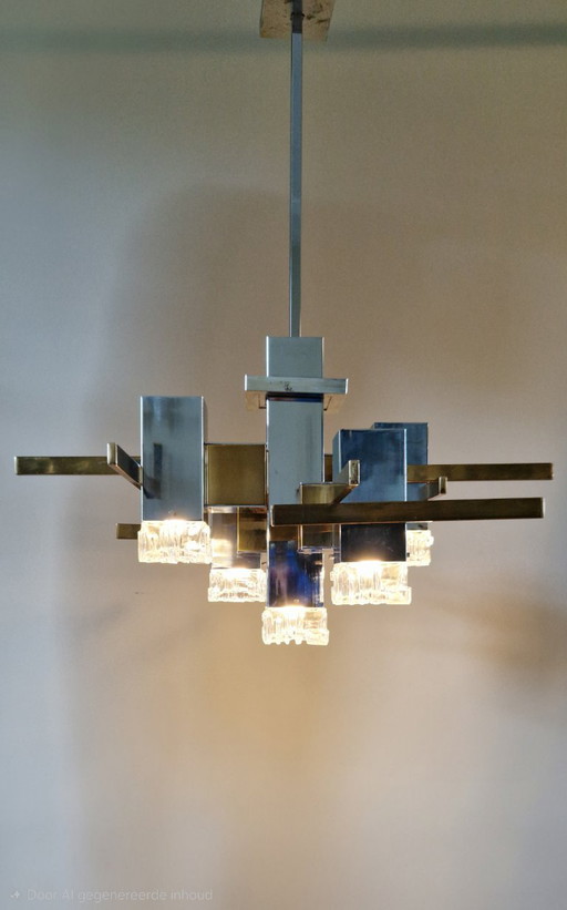 Vintage Italian design chandelier, Cubic, Gaetano Sciolari, chrome, brass, glass, 1970s