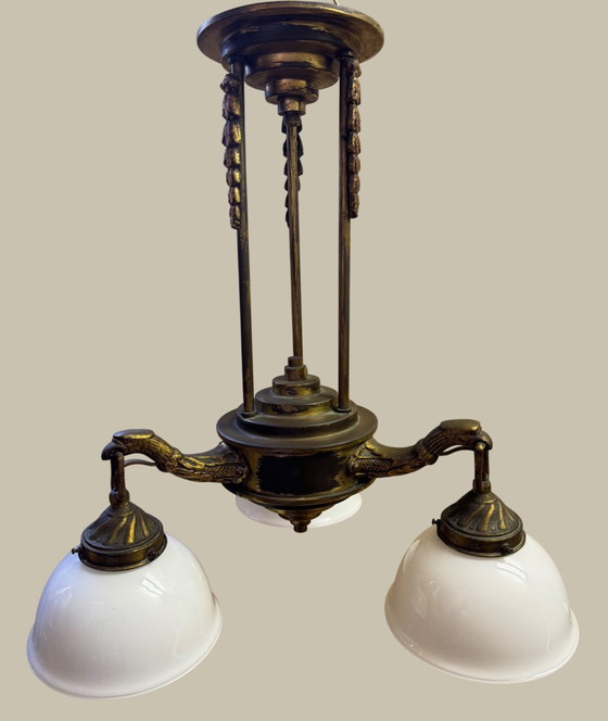 Image 1 of Rare Art Nouveau pendant lamp | 3 perfect original opal glass shades | 1905–1925
