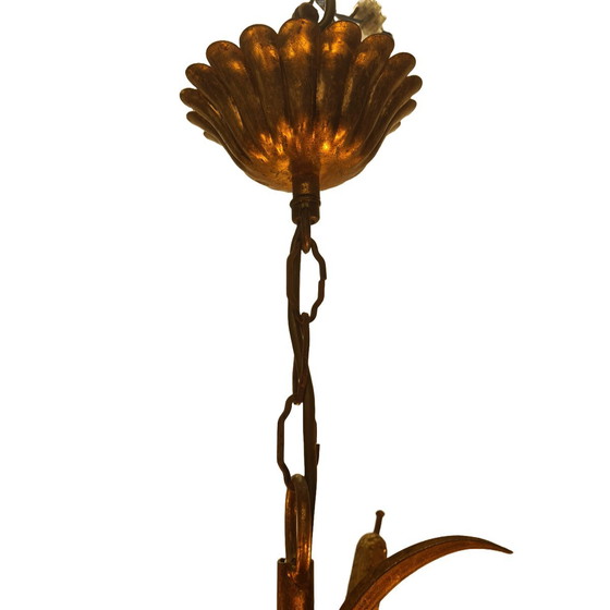 Image 1 of Lampadario vintage placcato oro con spighe di grano e tifa, anni '60