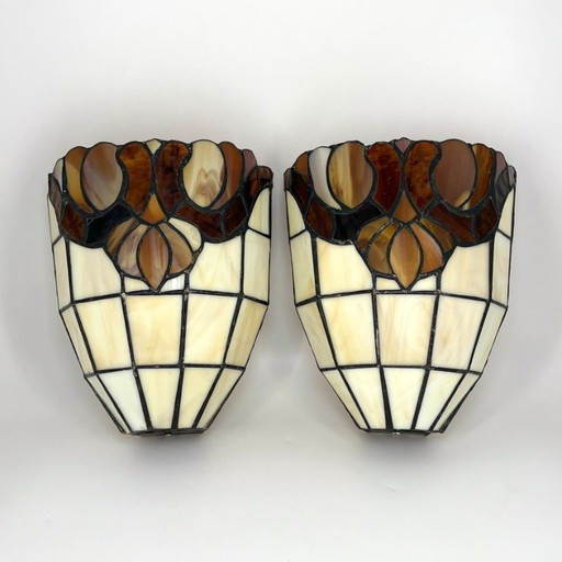 2 vintage wall lamps in Tiffany style – leaded glass / Art Nouveau Revival