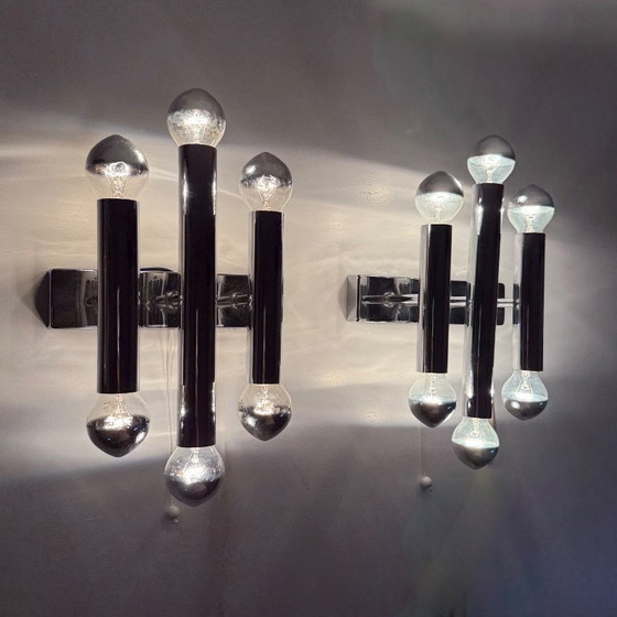 Image 1 of Paar Gaetano Sciolari Wandlampen Leuchter Chrom Rohr , 1970er Jahre