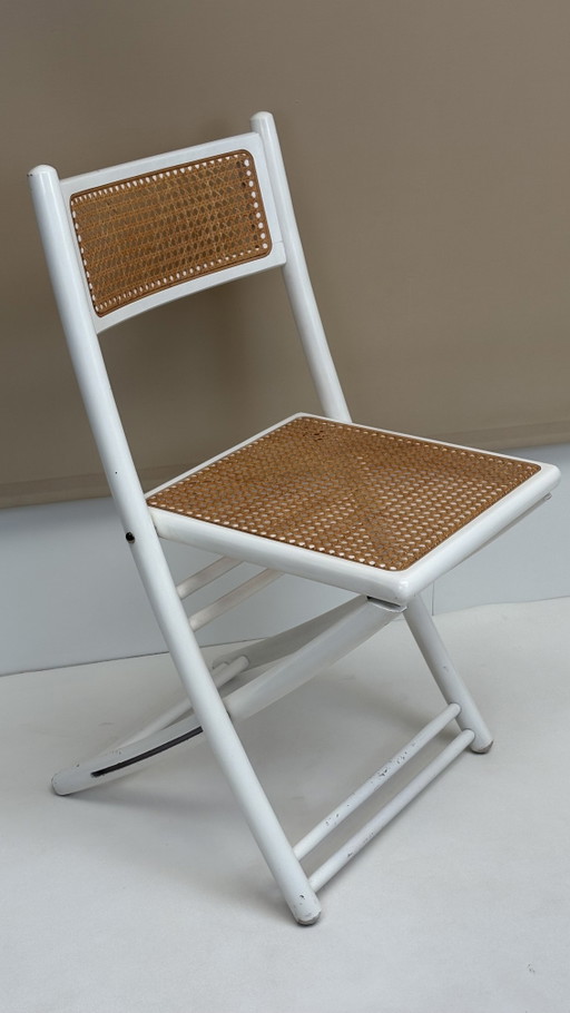 3 sedie pieghevoli vintage, design scandinavo italiano, in legno, plastica e cromo.