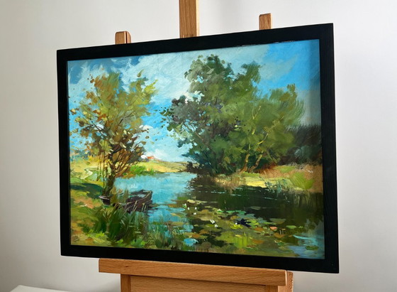 Image 1 of Original Oil Painting Summer River Landscape A secluded place in nature