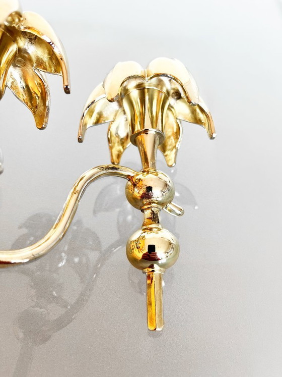 Image 1 of Seltener hellgoldfarbener Nagel Palm Kerzenleuchter aus den 70er Jahren