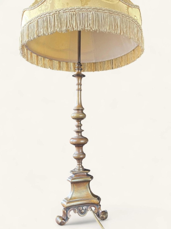 Lampe vintage Mid Century, abat-jour à franges en brocart doré, années 60/70 – Wood, Hollywood Regency (photo 3 of 7)