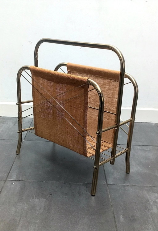 Porte-journaux vintage en laiton et jute.