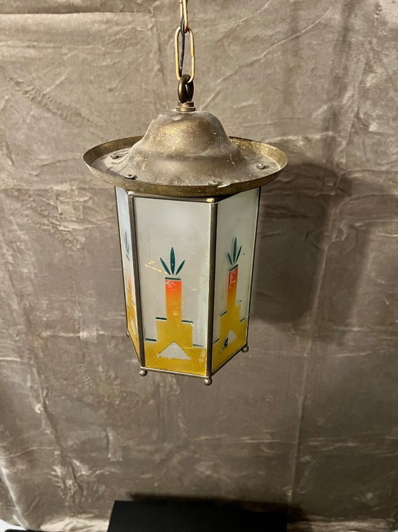 Lampada a sospensione anni '30 stile Amsterdamse School – Lampade a sospensione, Vetro, Metallo (photo 2 of 9)