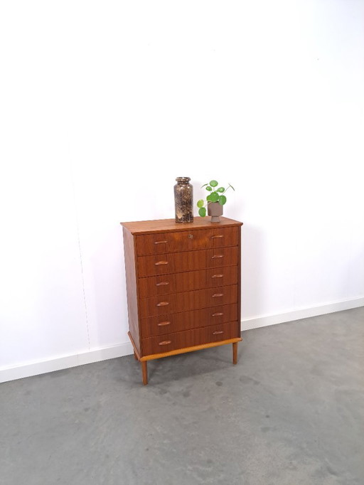 Commode danoise en teck à 6 tiroirs et poignées en bois