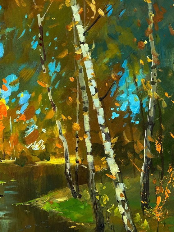 Image 1 of Peinture à l'huile originale, paysage naturel : une rivière dans la forêt d'automne