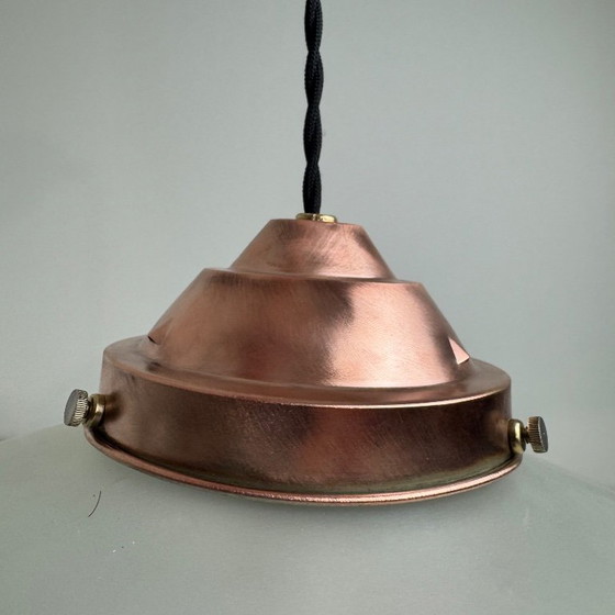 OLD ART-DECO 1930 FROSTED GLASS PENDANT LAMP, Copper, Black, Vintage (photo 11 of 12)