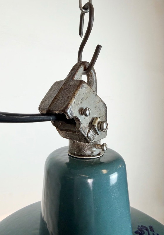 Image 1 of Industrial Petrol Enamel Factory Lamp with Cast Iron Top, 1960s