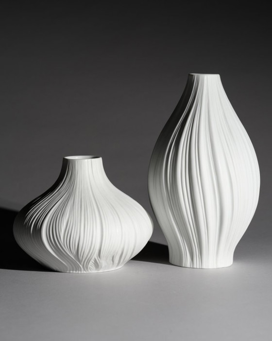 Image 1 of Rosenthal Vase Duo Martin Freyer Bisque Porcelain Plissée Iconic Design 1. Wahl